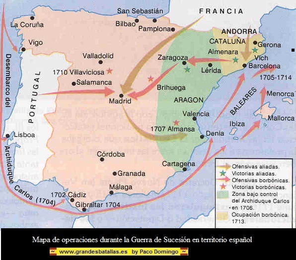 MAPA DE OPERACIONES GUERRA DE SUCESION EN TERRITORIO ESPAÑOL